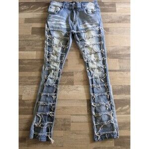 SPARK Distressed Ripped Frayed Jeans Blue Stretch Urban Denim Men's Size 38/37